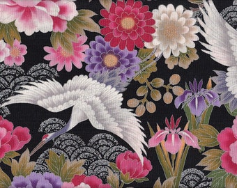 19,90 Eur/Meter Japan fabric traditional cotton 50 cm x 110 cm crane large black silver C3015f