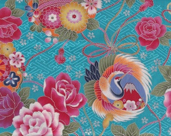 19,90 Eur/Meter traditional Japanese fabrics Cotton by the meter 50 cm x 110 cm Hana to tsuru turquoise C3036h