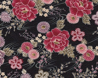 19.90 Eur/Meter Japan fabric traditional cotton 50 cm x 110 cm chrysanthemums black Chirimen B113b