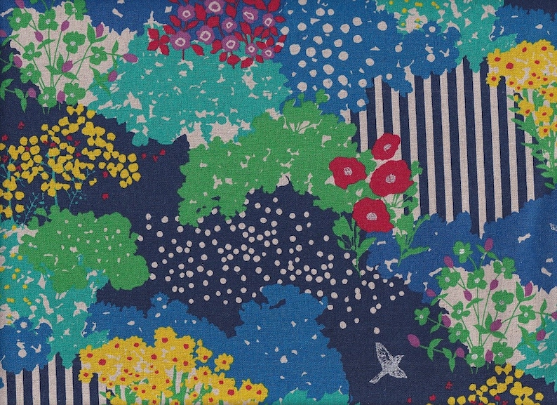 25,90 Eur/Meter Kokka Echino Fabric from Japan Cotton Linen Canvas Kokka 50 cm x 110 cm Echino Garden blue L412b image 1