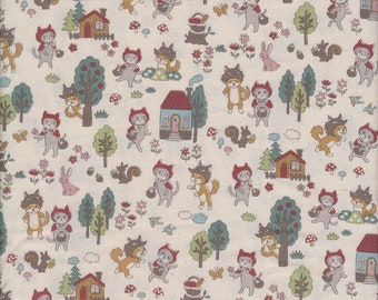 19.90 Eur/meter Japanese fabrics children's fabrics cotton by the meter Kokka 50 cm x 110 cm Funny Cats - Little Red Riding Hood natural Q717a