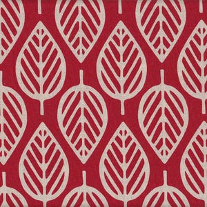 Peut inclure: Tissu rouge avec un motif de feuilles blanches. Les feuilles sont stylisées et ont un design géométrique.