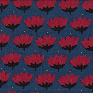 May include: A blue fabric with a repeating pattern of red flowers with black centers. The flowers are stylized and have a rounded shape.