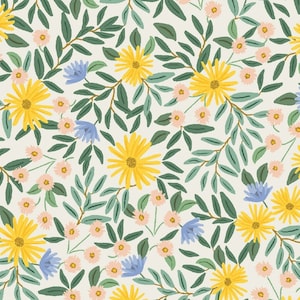 Puede incluir: Un patrón floral continuo con girasoles amarillos, pequeñas flores rosas y azules, intercalados con hojas y tallos verdes, sobre un fondo crema. El diseño crea un tema botánico, ideal para diversas aplicaciones.