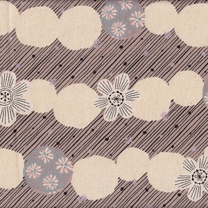 May include: A repeating pattern featuring white circles and stylized flowers on a gray background with black diagonal lines. Some circles are filled with a floral design in pink and blue.