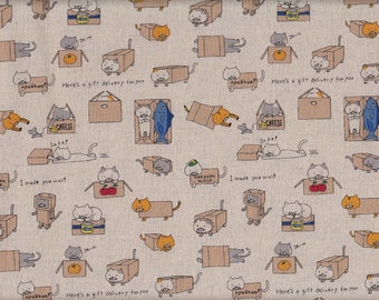 19.90 Eur/meter Japan fabric modern cotton linen canvas children's fabrics cats 50 cm x 110 cm Nekozon natural Q716a