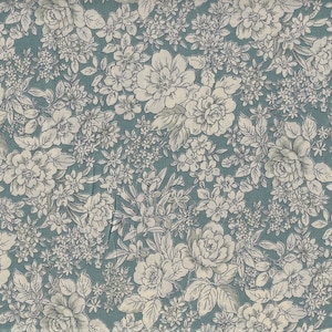 May include: A seamless fabric pattern featuring a repeating design of white flowers and leaves on a light blue background.