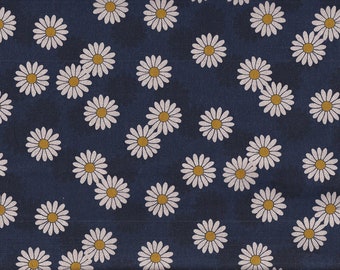 May include: A navy blue fabric with a repeating pattern of white daisies with yellow centres.