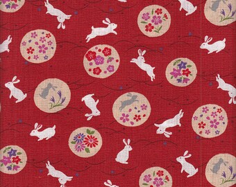 17,90 Eur/m Japan Stoff traditionell Baumwolle 50cm x 110cm Hase & Blumen rot C4207a