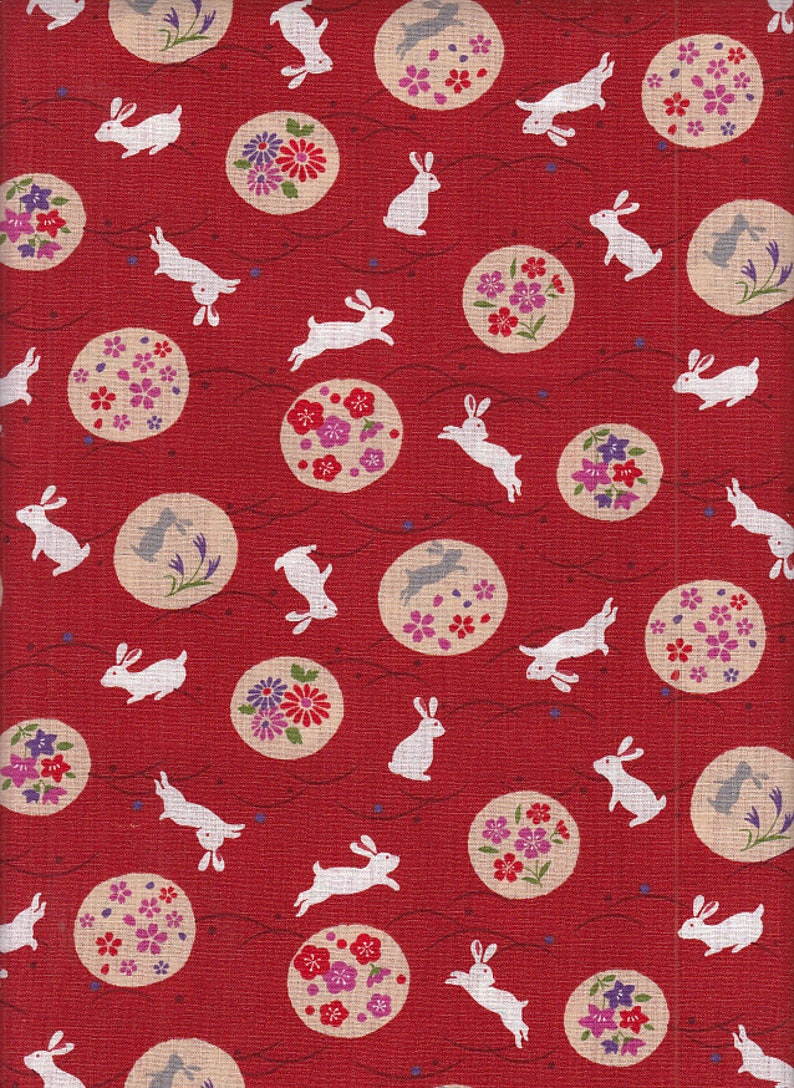 17.90 Eur/meter Japan fabric traditional cotton 50 cm x 110 cm bunny & flowers red C4207a image 1