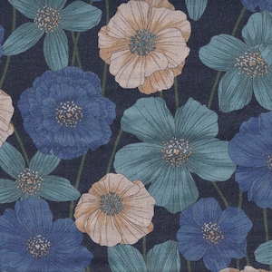 May include: A fabric with a floral pattern featuring large flowers in shades of blue, teal, and beige against a dark navy background. The flowers have detailed outlines and are interspersed with thin green stems.