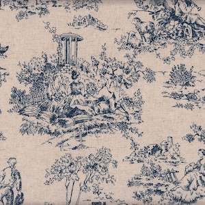 May include: Cream fabric featuring a blue toile design with rural scenes. The pattern shows figures, animals, trees, and buildings, offering a classic, detailed look. Ideal for home decor and craft projects.