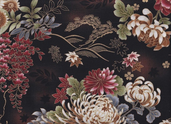 19,90 Eur/metro Tessuti giapponesi motivi tradizionali cotone tessuto  kimono al metro 50 cm x 110 cm Hanakiku oro nero -  Italia
