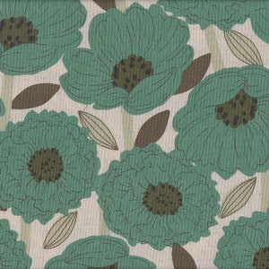 May include: A repeating pattern of teal flowers with dark brown centres and outlines, set against a cream-coloured background. Brown leaf shapes and vertical stripes add to the floral design. The fabric has a textured appearance.