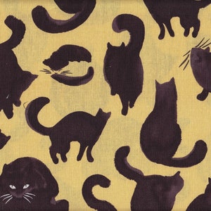 May include: A repeating pattern of black cat silhouettes on a yellow background. The cats are in various poses, some with whiskers, creating a playful and whimsical design. The fabric has a textured appearance.