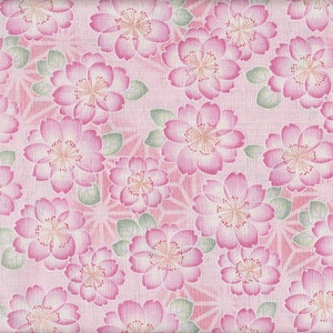 May include: A pink floral pattern featuring stylized cherry blossoms with pink petals and green leaves. The blossoms are set against a light pink background with a subtle geometric design, creating a delicate and feminine aesthetic.