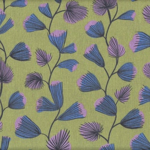 May include: A repeating pattern of stylized floral vines on a light green background. The flowers are a combination of blue and lavender, with dark green stems and leaves. The fabric has a textured appearance.