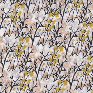 May include: A fabric with a repeating pattern of stylized branches and flowers. The branches are black, and the flowers are yellow and light pink, set against a white background. The design has a delicate, natural aesthetic.