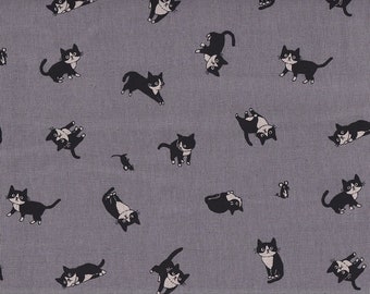 22.90 EUR/meter Japanese fabrics cotton linen canvas by the meter 50 cm x 110 cm Cat Feline grey Q689d