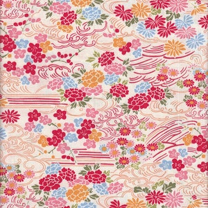 May include: A white fabric with a repeating pattern of red, pink, orange, and blue flowers. The flowers are arranged in a random pattern and are surrounded by a white background with a subtle texture. The fabric also features a repeating pattern of stylized waves in red and white.