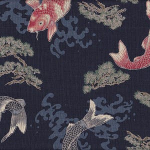 May include: A navy blue fabric with a repeating pattern of red and white koi fish and stylized pine trees. The fish are swimming in a stylized wave pattern.