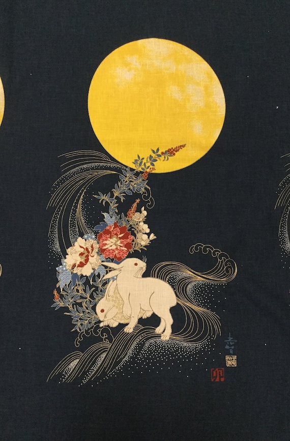 Japanese Noren Panel Japanese Fabric Cotton Rabbit Moon 48