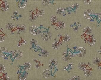 28.00 Eur/meter wax cloth laminated Japanese cotton fabric Cosmo 50 cm x 110 cm bicycles green UR526c