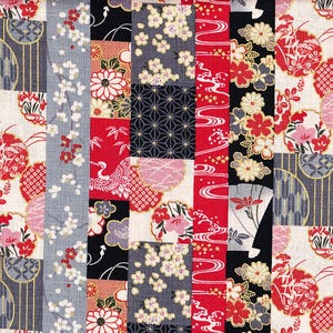 May include: A patchwork fabric with a variety of Japanese-inspired patterns in red, white, black, and gray. The fabric features flowers, birds, and geometric designs.