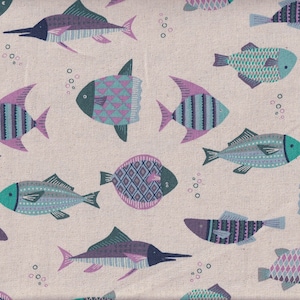 28.00 Eur/Meter Oilcloth laminated Japanese cotton fabric Kokka 50 cm x 110 cm Fish natural