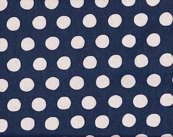 May include: A navy blue fabric with a white polka dot pattern. The dots are evenly spaced and are a light cream color.