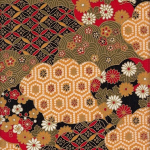 May include: A black fabric with a repeating pattern of gold, red, and white flowers and geometric shapes. The fabric has a traditional Japanese design.
