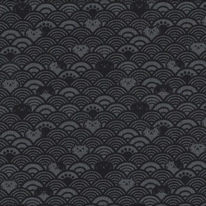 May include: A black and white repeating pattern of stylized cats and waves. The cats are facing forward with their eyes closed. The waves are in a traditional Japanese pattern.