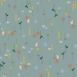 Könnte beinhalten: Ein nahtloses Muster mit verschiedenen stilisierten Blumen in Blautönen, Gelb, Orange und Grün auf hellblauem Hintergrund.