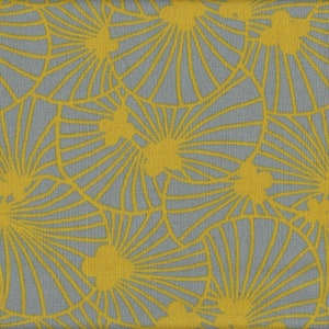 May include: A gray fabric with a yellow geometric pattern of overlapping circles with radiating lines. The fabric has a subtle linen texture.