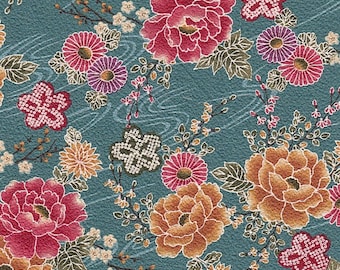 19.90 euros / mètre tissu Japon traditionnellement coton 50 x 110 cm turquoise chrysanthèmes kawaii B113c