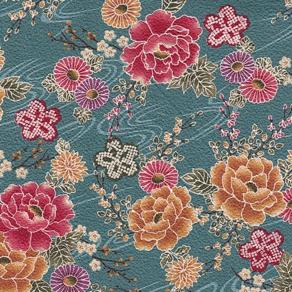 19.90 euros / mètre tissu Japon traditionnellement coton 50 x 110 cm turquoise chrysanthèmes kawaii B113c