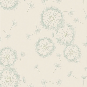 May include: A seamless pattern featuring dandelion seed heads and individual seeds in a soft, muted green color. The dandelions are scattered across a cream-colored background, creating a delicate and airy design.