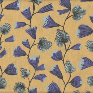 May include: A fabric with a repeating floral pattern. The design features stylized purple flowers and gray leaves on dark stems against a tan background. The fabric has a textured appearance.