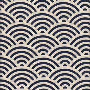 May include: A white fabric with a repeating pattern of navy blue semi-circles. The semi-circles are arranged in rows, with each row offset from the one above it. The pattern is reminiscent of traditional Japanese wave designs.