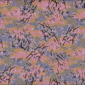 Könnte beinhalten: Ein nahtloses Stoffmuster mit einem sich wiederholenden Design aus zarten rosa und weißen Blüten auf grauem Hintergrund. Die Blüten sind in Büscheln entlang der Zweige angeordnet und bilden ein florales Motiv.