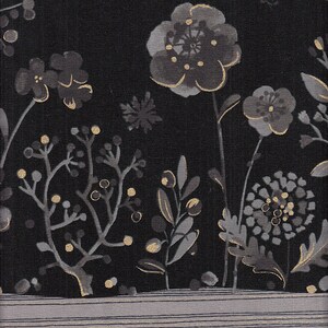May include: Dark fabric with a floral design in shades of grey and gold. The pattern includes flowers, leaves, and berries. A striped border in grey and white is at the base of the design.