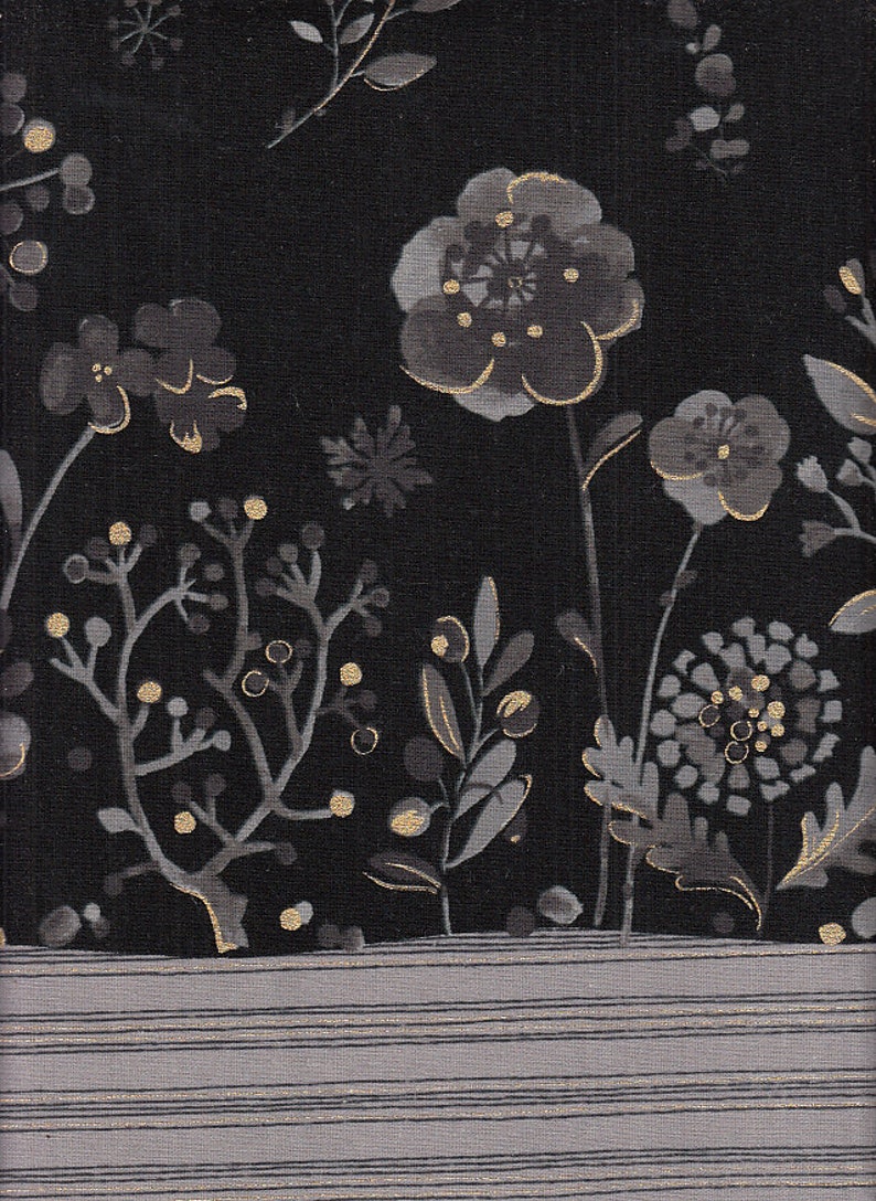 May include: Dark fabric with a floral design in shades of grey and gold. The pattern includes flowers, leaves, and berries. A striped border in grey and white is at the base of the design.