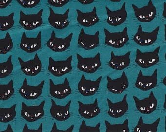 17.90 Eur/meter Japanese fabrics cotton meterware Oxford cats 50cm x 110cm cat head petrol Q690c