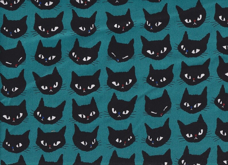 17.90 Eur/meter Japanese fabrics cotton meterware Oxford cats 50cm x 110cm cat head petrol Q690c image 1