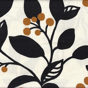 May include: Cream-colored fabric with a repeating pattern of black leaves and brown berries. The leaves are large and stylized, with a simple, bold outline. The berries are small and round, adding a touch of color to the design. This fabric is suitable for various craft projects.
