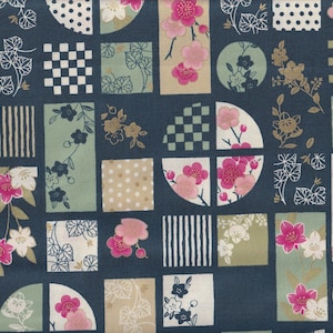 Peut inclure: Tissu bleu foncé avec un motif répétitif de carrés, cercles et demi-cercles. Le motif comprend des motifs floraux roses, blancs et dorés, ainsi que des motifs à carreaux et à pois. Un textile décoratif d'esthétique japonaise.