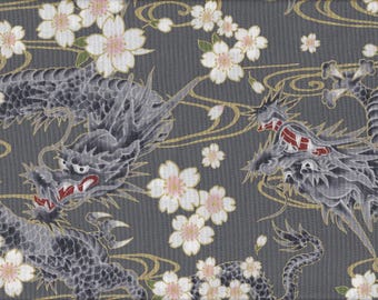 29.90 Eur/Meter oilcloth coated cotton from Japan Quilt Gate 50 cm x 110 cm Dragon & Sakura grey UC2001b