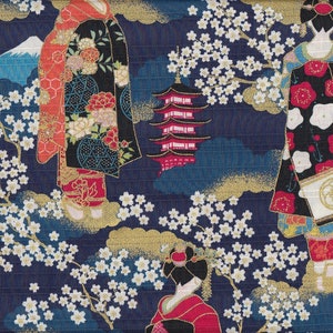 22.90 Eur/meter Japan fabric traditional Japanese motifs cotton 50 cm x 110 cm Maiko & Sakura blue C1044d