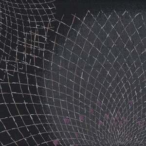 May include: Abstract artwork featuring a dark background with a grid-like pattern in white and brown. Hints of purple are scattered throughout the design, creating a textured, geometric composition. The artwork has a modern aesthetic.