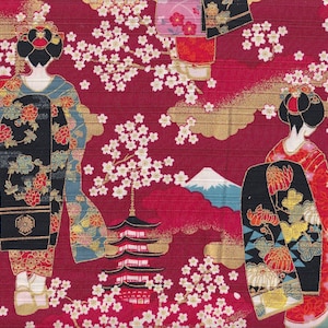 Może przedstawiać: Czerwony materiał z powtarzającym się wzorem wiśni, górą, pagodą i dwiema kobietami w tradycyjnych japońskich kimonach. Kimona są czarne i czerwone z złotymi akcentami i wzorami kwiatowymi.